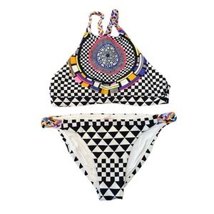Red Carter Cali' Bikini Set Halter Bikini Top & Full Cut Bottom Check Print